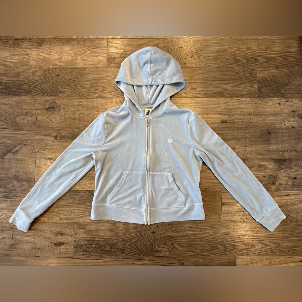 Juicy Couture Light Blue Velour Zip-Up Hooded Jacket Women’s Size Medium